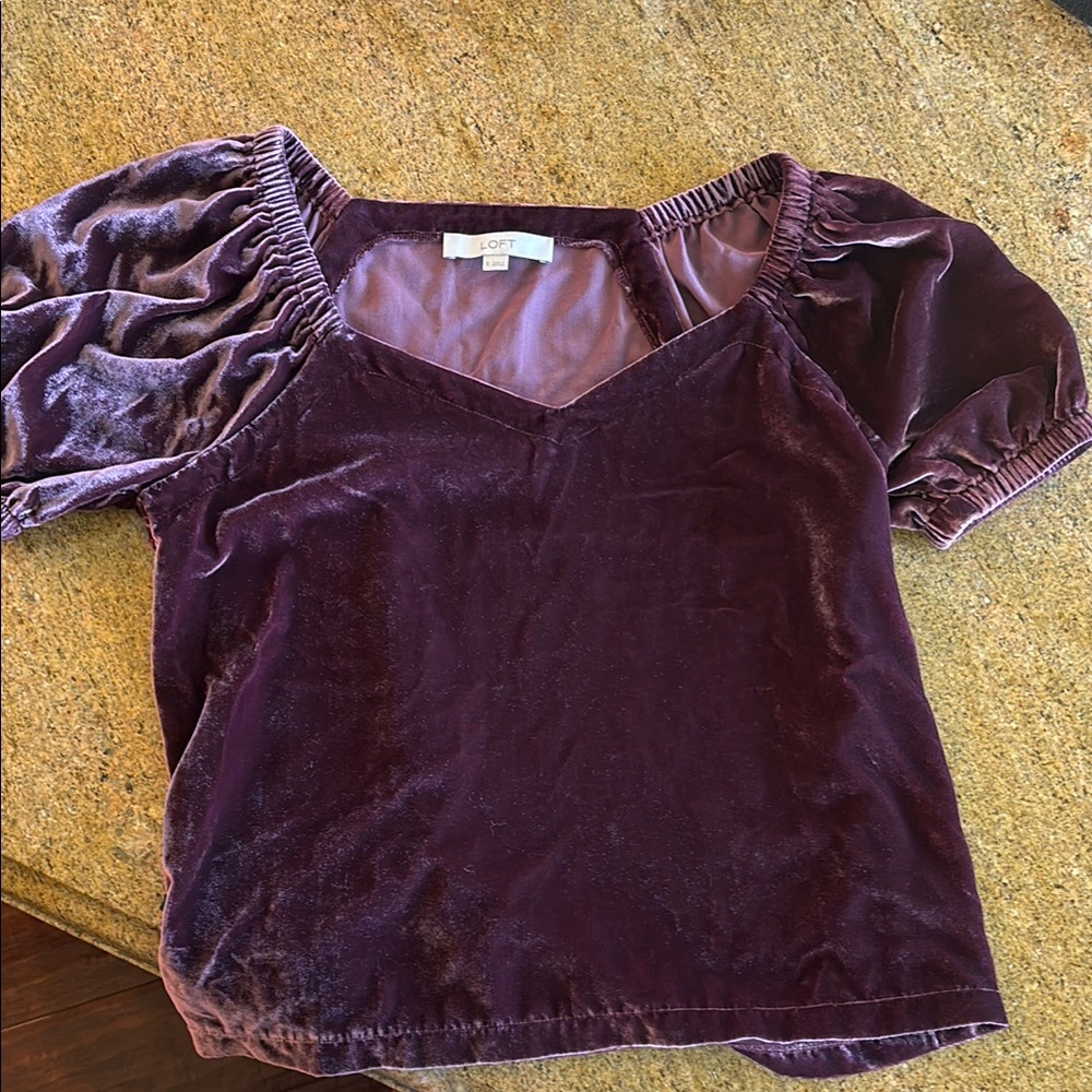 LOFT Purple Ruched Blouse with Puff Sleeves